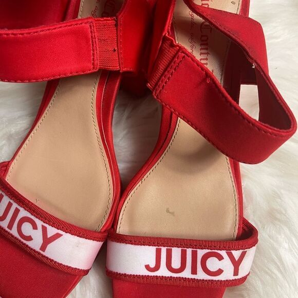 Juicy Couture Glisten fabric Red and white platform ankle strap  heels SZ8.5 M - Picture 11 of 14